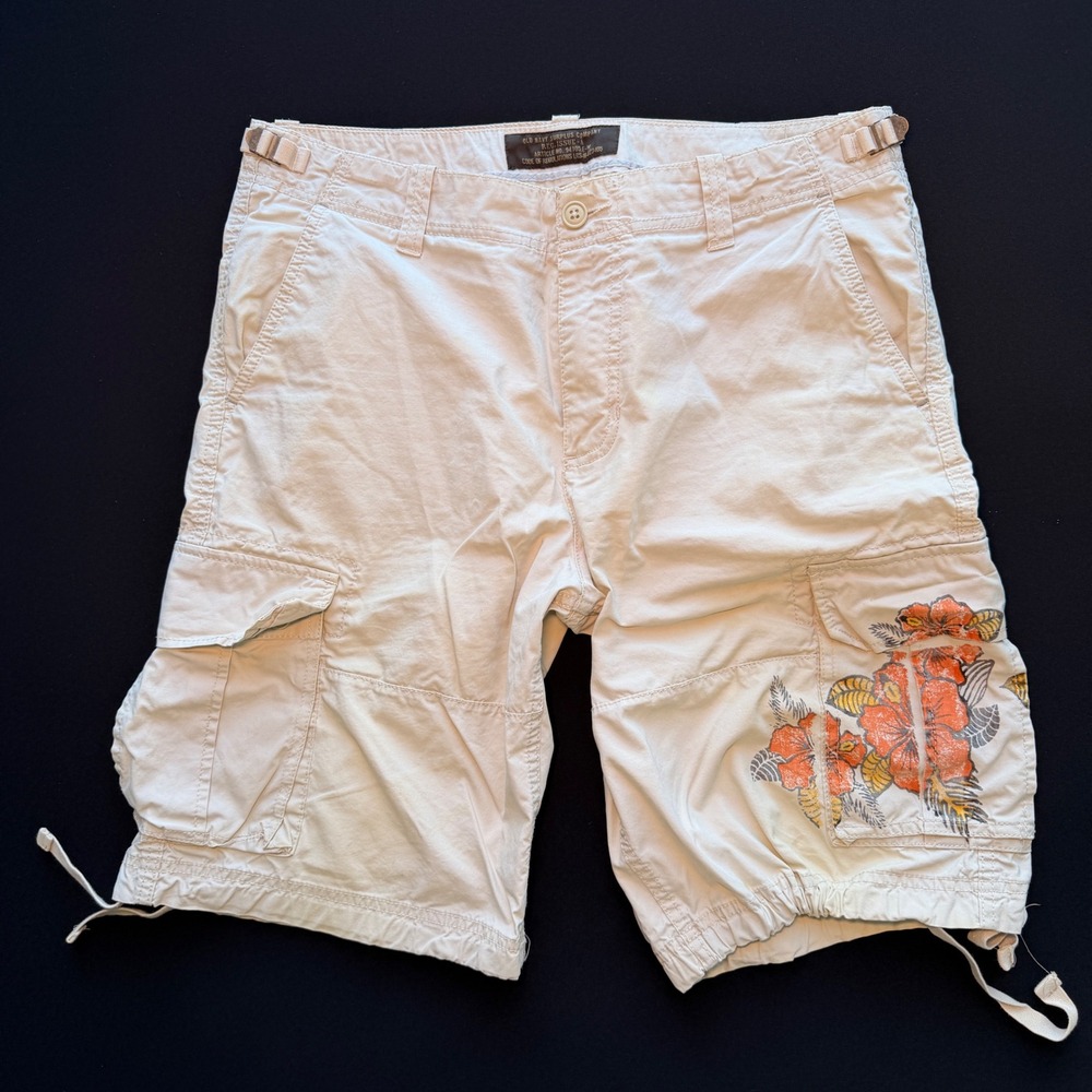 Y2K Old Navy Cargo Shorts Hawaiian Mens 34 Khaki Cotton Floral Skater Surfer